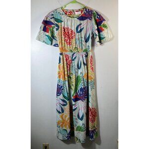 Womens Maude Vivante Tropical Floral Leaves Maxi Dress Tiered M Cotton #42